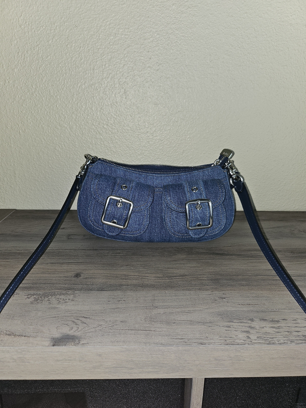 Coach Denim Shoulder Bag in Blue with Buckle Pockets
